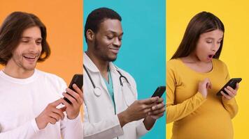 Three individuals display a range of emotions while engaged with their smartphones against colorful backgrounds. Each person, dressed in varying styles, illustrates curiosity, amusement, and surprise. video