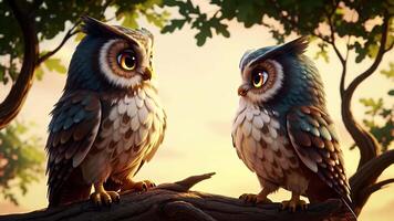 Two owls converse during golden hour in a peaceful woodland setting video