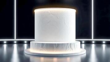 Illuminated white cylindrical pedestal with textured surface in dark setting photo