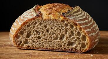 Half loaf of artisan sourdough bread displaying its porous crumb texture on wooden cutting board photo