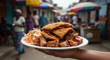 Authentic haitian griot crispy fried pork served with a fresh pikliz slaw in a market photo