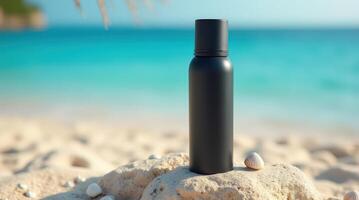 Sleek black tube stands on textured rock near serene sandy beach photo