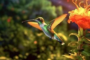 A hummingbird flying near a flower with a bright sun photo