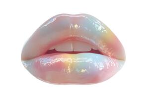Digital painting of glossy rainbow lips in macro view on clean white background. Colorful and artistic beauty concept. photo