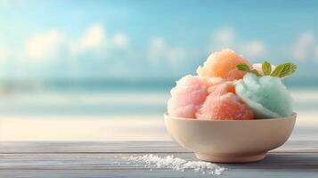 Colorful Hawaiian shave ice in a cup on tropical background with blue skies and ocean. photo