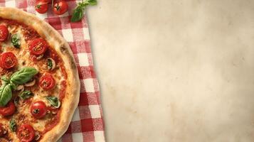 Top view of a whole margherita pizza on table with empty space for your text. Simple and minimalist design. photo