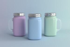 Three Pastel-Colored Mason Jars, One Purple, One Blue, and One Green, Each with a Silver Lid and Clear Handle, Arranged on a Light Blue Background photo