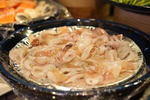 Sliced raw squid pieces of raw squid, close-up, on a plate photo