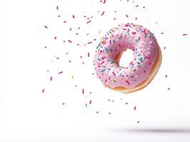 Pink frosted donut surrounded by colorful sprinkles in mid-air photo