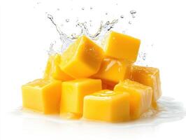 Fresh mango cubes splashing in clear water create a vibrant display photo