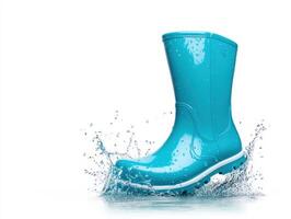 Bright blue rain boot splashing in puddles during rainy season photo