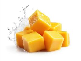 Freshly cut cheese cubes splashing in clean water photo