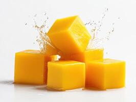 Bright yellow mango cubes splash into clear water for freshness photo