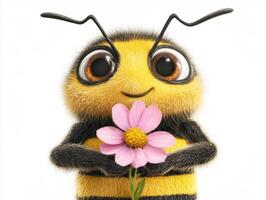 Cute animated bee holding a flower in a cheerful pose photo