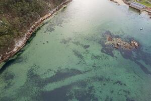 rocky shore with submerged rocks in clear water drone photography of trees rocks and shallow ocean photo