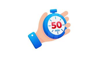 Hand holding a stopwatch with fifty minutes on white and green screen background video