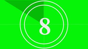 Dynamic green screen countdown animation featuring numbers 8 to 0 in a circular timer format. Ideal for film intros, trailers, broadcast transitions, and editing projects video