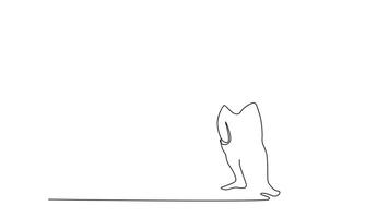 Animated self drawing of continuous line draw professional male athlete in front double biceps pose in stage. Strong active bodybuilder with arms up clenching fists. Full length single line animation video