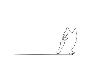Animated self drawing of continuous line draw attractive bodybuilder demonstrating double biceps poses at sports fit competition. Sportsman with arms up clenching fists. Full length one line animation video