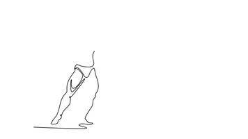 Animated self drawing of continuous line topless strong bodybuilder in archer pose. Powerful sportsman posing with arm clenching fist. Sports, strength, bodybuilding. Full length single line animation video