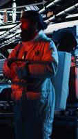 Vertical Astronaut using laptop to verify mission parameters after completing planet surface expedition. Cosmonaut manages systems using notebook, leaving Mars, updating flight log to return home, camera A video