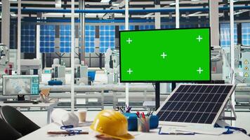 Mockup display in photovoltaics factory used to monitor system performance. Isolated screen monitor tracking solar panels energy production and efficiency video