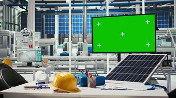 Isolated screen display in photovoltaics factory used to monitor performance of robot arms manufacturing. Chroma key mockup monitor in empty facility used to inspect solar plant machinery video