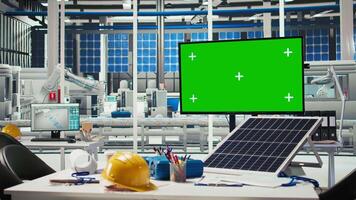 Isolated screen overseeing solar panels plant, troubleshooting technical issues. Mockup monitor in photovoltaics factory used for analyzing data and reviewing system metrics video