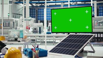Isolated screen display used to adjust photovoltaics factory system parameters. Chroma key monitor in office used for optimizing energy supply in solar manufacturing plant video