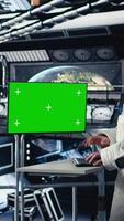 Vertical Cosmonaut leaving starship after landing on planet, waving hand to colleague. Astronaut stepping out of space station for scheduled operations to study cosmic origins, camera A video