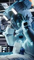 Vertical Researchers in starship discussing mission plan during mankind survival expedition. Astronauts doing human expansion in space mission in spacecraft, advancing scientific knowledge, camera A video