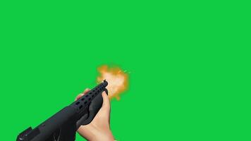 Shotgun firing, shooting 3d render animation, shotgun fired with muzzle flash effect isolated on green screen background video
