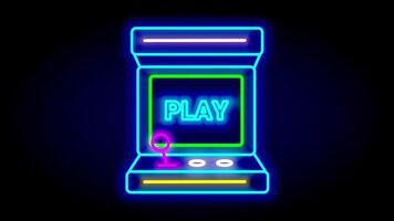 A glowing neon arcade machine with a play button, evoking retro gaming culture and interactive entertainment in digital environments video