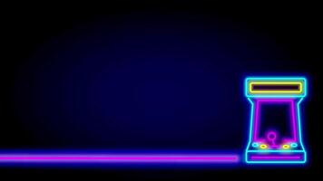 A neon side view of an arcade claw machine stretches into a horizon line, symbolizing gameplay and anticipation in vibrant modern design video