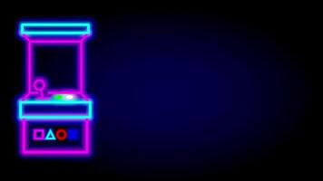 A neon claw machine with a retro arcade vibe stands alone in the dark, glowing with pink and blue lights, evoking nostalgic gaming charm video