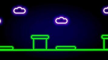 A glowing pixel art scene inspired by classic platform games, showing clouds, platforms, and vibrant terrain in a digital game design video