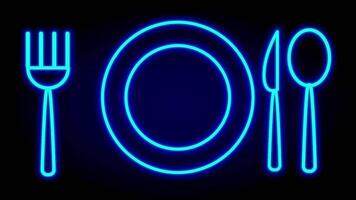 A stylized neon depiction of a plate, fork, spoon, and knife arranged symmetrically, reflecting modern digital dining interface aesthetics video