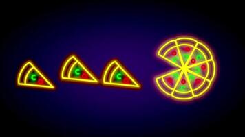 A sequence of neon pizza slices arranged in motion suggests a dynamic visual representing movement and the thrill of fun rides video