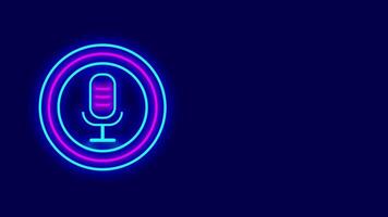 Neon microphone in a glowing circle represents podcasting, audio broadcasting, voice content, streaming, and communication media video