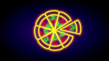 A large glowing neon Pizza dominates the image in warm yellow and red hues, evoking joy and the magic of a carnival at night video