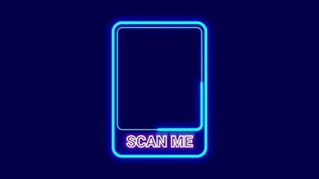 A phone-shaped neon frame with the words 'Scan Me' encourages QR scanning, app use, digital interaction, and tech engagement prompts video