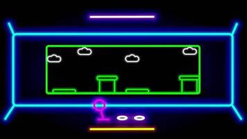 A neon gameplay interface showing a side-platform arcade game in action, filled with colorful sprites and layered gaming environment video
