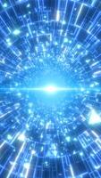 Radiating tunnel of glowing blue circuitry patterns with light shards, evoking futuristic digital portals and high-speed data flow video