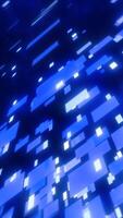Pixelated blue rectangles float across a dark background, suggesting digital fragmentation or high-speed information streaming video