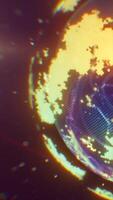 Abstract digital explosion with pixelated golden fragments and a glitch effect against a dark background video