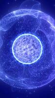 Abstract glowing sphere surrounded by transparent data rings and sparkles, set in a blue digital space environment video