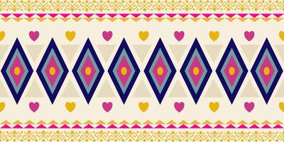 Vibrant vintage border pattern,geometric and heart shape diamonds,zig-zag,playful,dynamic design with yellow pink blue on light background. Ideal for textile design,fabric print,embroidery vector