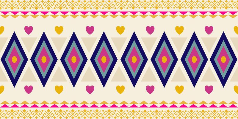 Vibrant vintage border pattern,geometric and heart shape diamonds,zig-zag,playful,dynamic design with yellow pink blue on light background. Ideal for textile design,fabric print,embroidery
