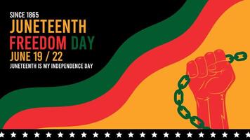 A raised fist holding a chain with shining stars and Juneteenth colors. A powerful symbol of strength, resistance, and celebration. Includes copy space for a message or title. vector