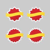 Set of Blank Red Round Starburst Edged Labels with White Borders and Yellow Ribbon. Flat Design Illustration. vector